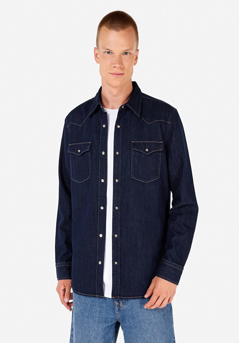 Regular Fit Klasik Yaka Erkek Mavi Uzun Kol Gömlek