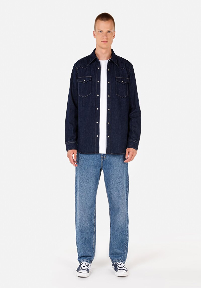 Regular Fit Klasik Yaka Erkek Mavi Uzun Kol Gömlek