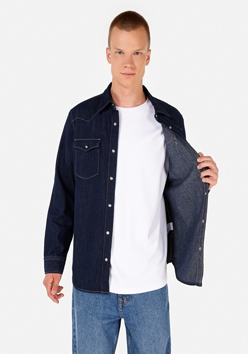 Regular Fit Klasik Yaka  Erkek Mavi Uzun Kol Gömlek