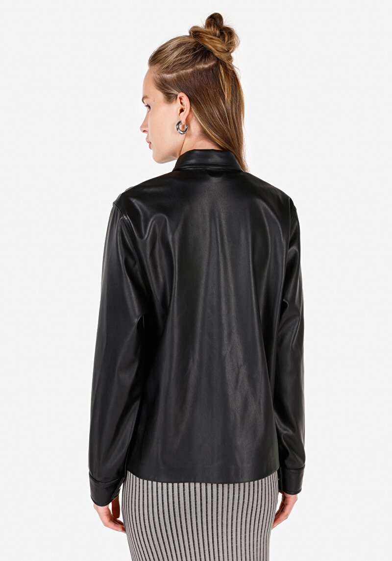 Regular Fit Dokuma Shirt Neck Kadın Siyah Uzun Kol Gömlek