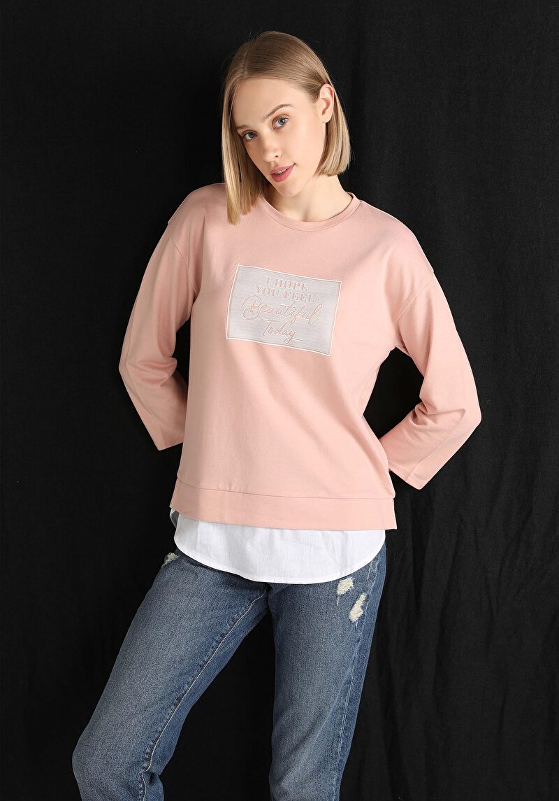 Regular Fit Yuvarlak Yaka Baskılı Kadın Pembe ¾ Kol Tişört