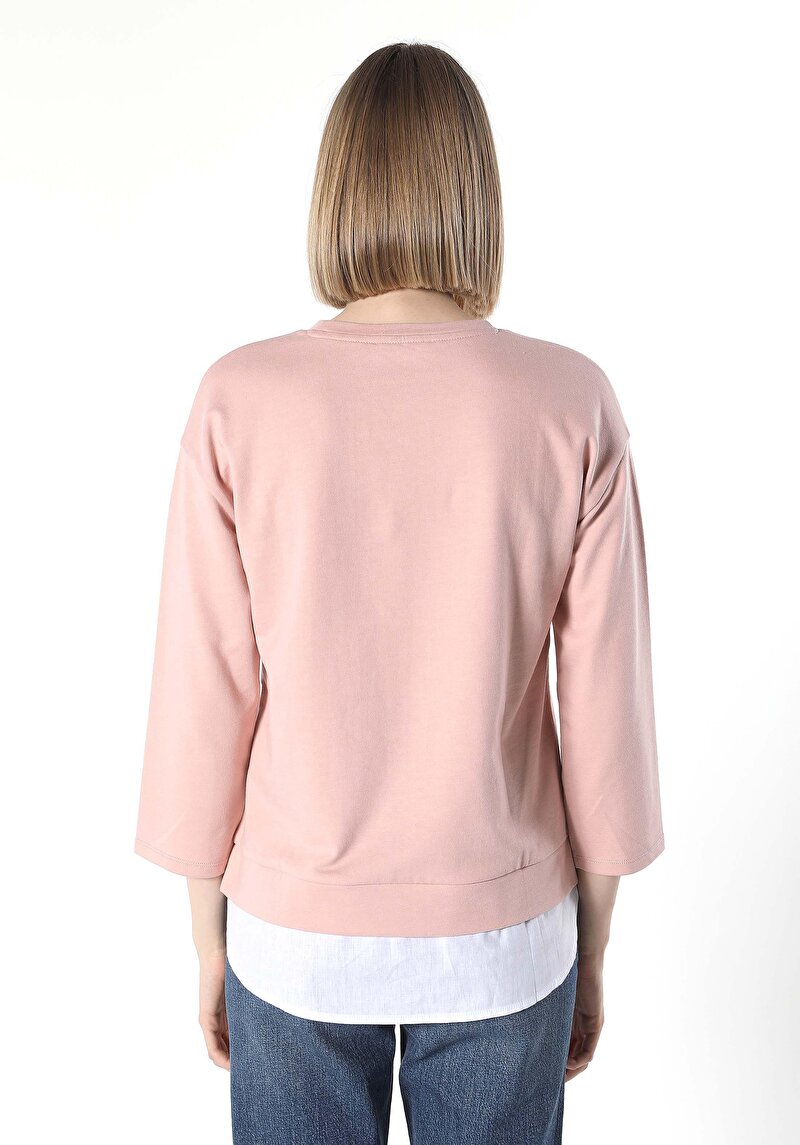 Regular Fit Yuvarlak Yaka Baskılı Kadın Pembe ¾ Kol Tişört