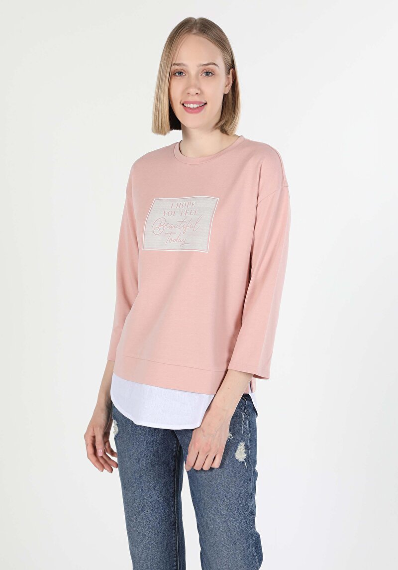 Regular Fit Yuvarlak Yaka Baskılı Kadın Pembe ¾ Kol Tişört