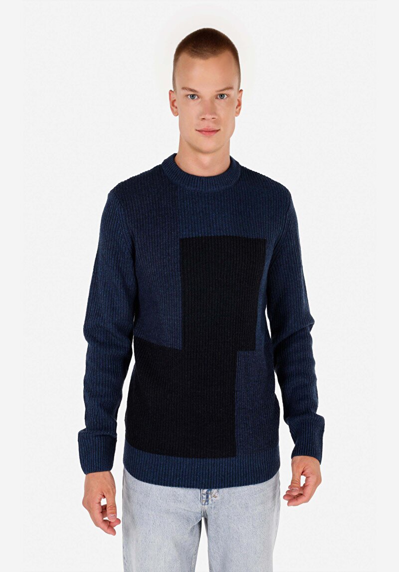 Regular Fit Dik Yaka Erkek Lacivert Kazak