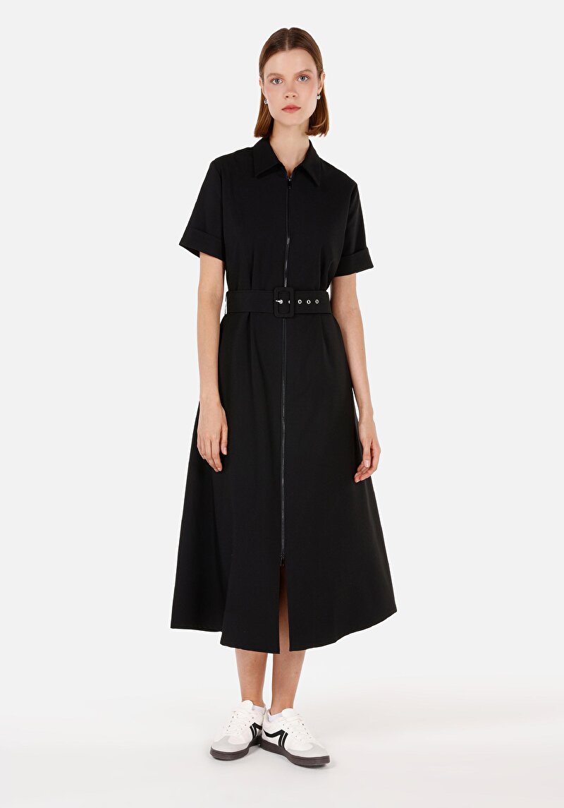 Regular Fit Kadın Kemerli Siyah Elbise