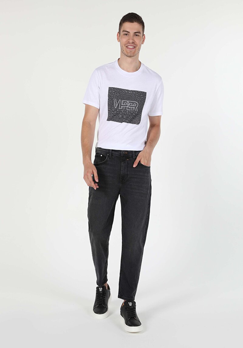 Slim Fit Drop Crotch Havuç Paça Erkek Siyah Jean Pantolon