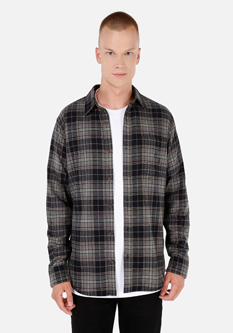 Regular Fit Düğmeli Yaka Ekoseli Erkek Yeşil Uzun Kol Gömlek