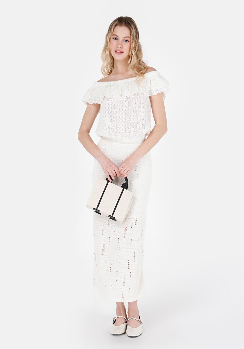 Slim Fit Jakarlı Kadın Ekru Etek