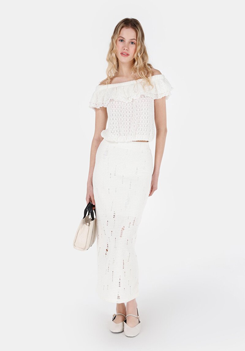 Slim Fit Jakarlı Kadın Ekru Etek