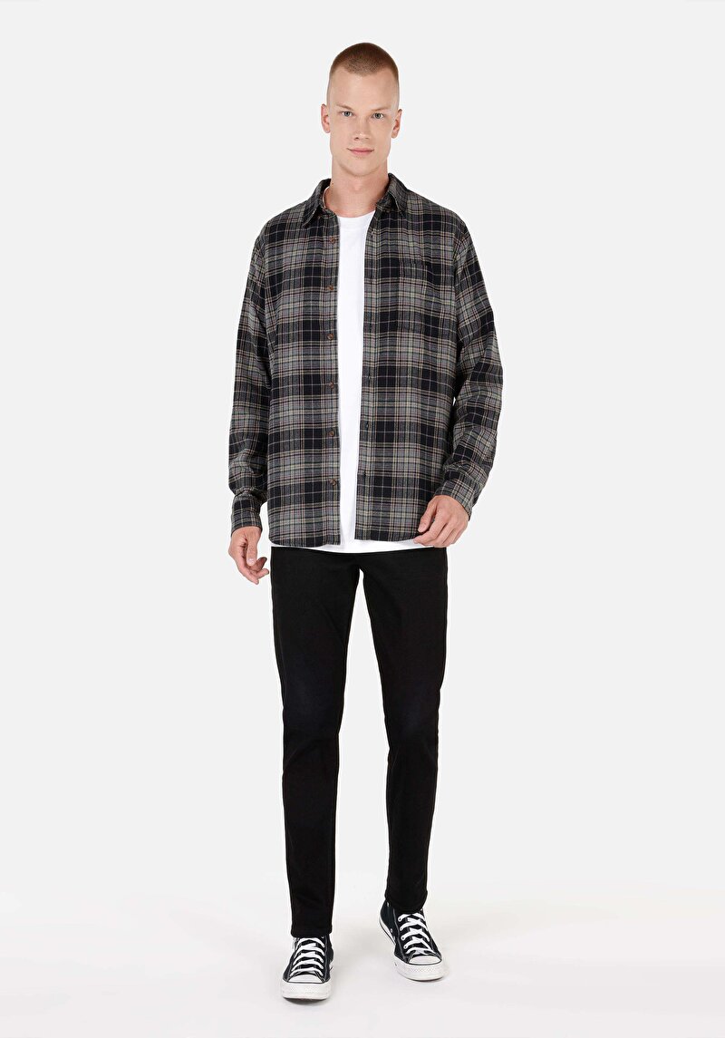 Regular Fit Düğmeli Yaka Ekoseli Erkek Yeşil Uzun Kol Gömlek