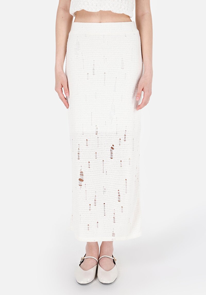 Slim Fit Jakarlı Kadın Ekru Etek