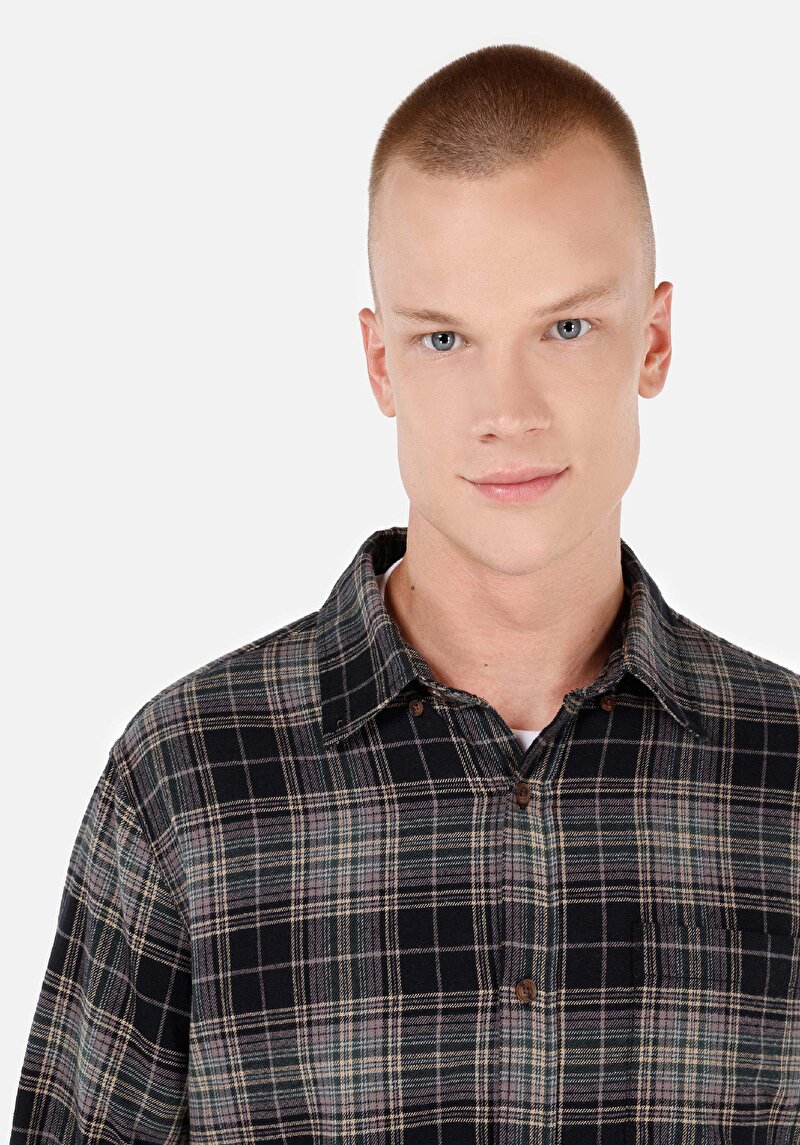 Regular Fit Düğmeli Yaka Ekoseli Erkek Yeşil Uzun Kol Gömlek