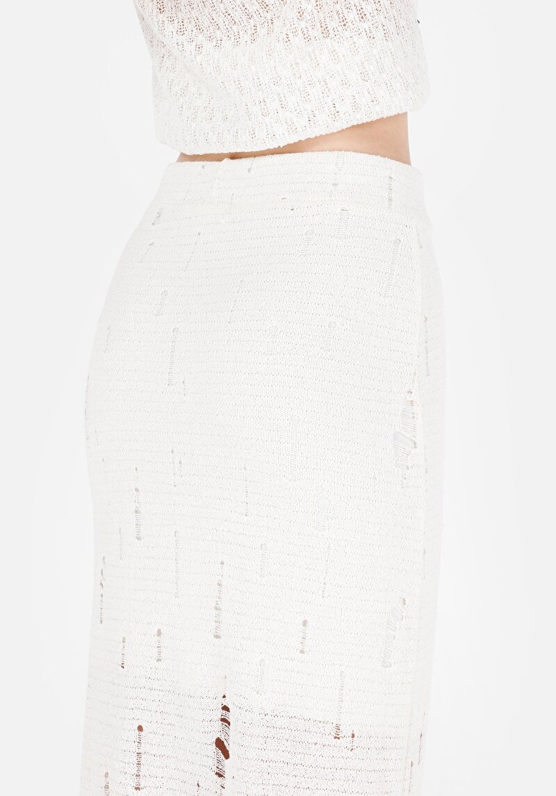 Slim Fit Jakarlı  Kadın Ekru Etek