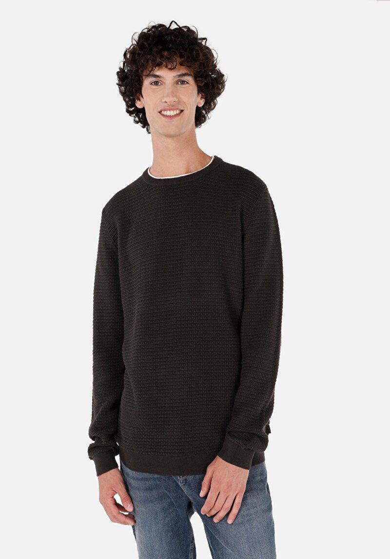 Regular Fit Pamuklu Yuvarlak Yaka Jakarlı Erkek Antrasit Triko Kazak