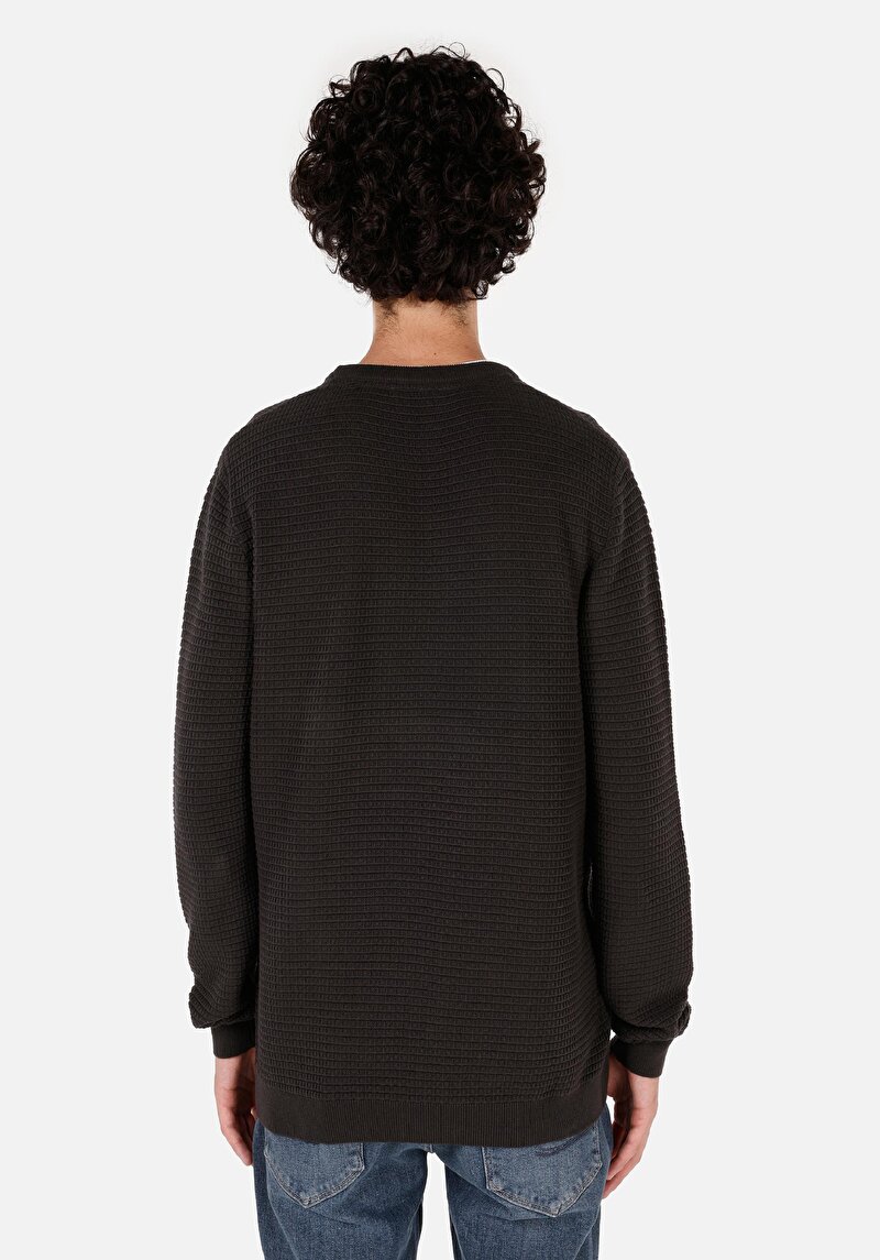 Regular Fit Pamuklu Yuvarlak Yaka Jakarlı Erkek Antrasit Triko Kazak