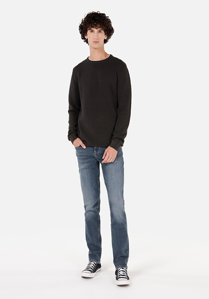 Regular Fit Pamuklu Yuvarlak Yaka Jakarlı Erkek Antrasit Triko Kazak