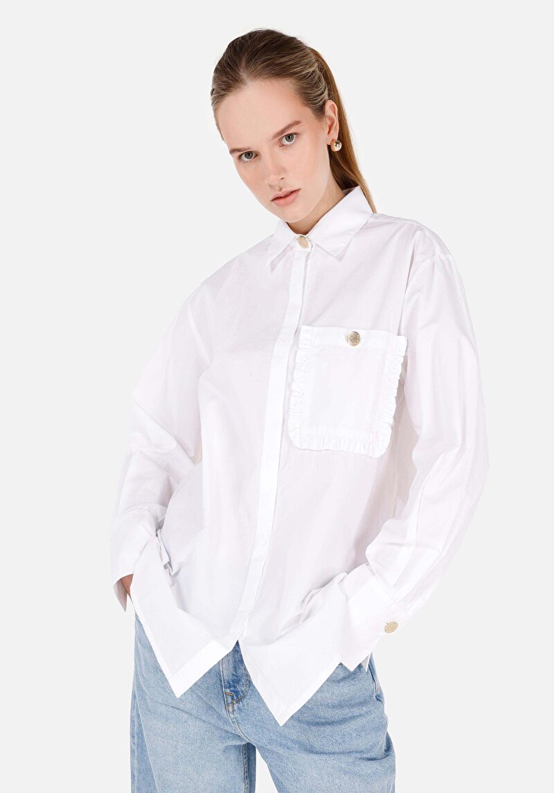 Relax Fit Shirt Neck Kadın Beyaz Uzun Kol Gömlek
