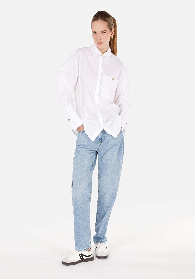 Relax Fit Shirt Neck Kadın Beyaz Uzun Kol Gömlek
