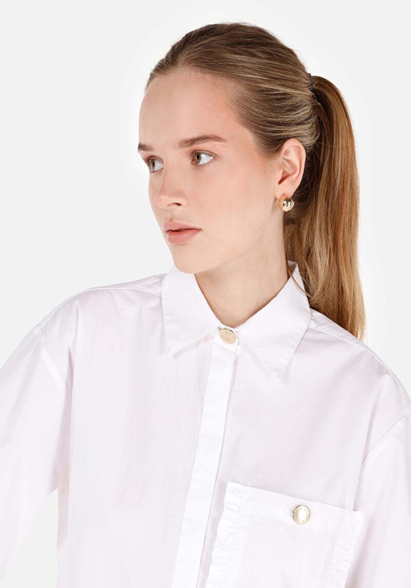 Relax Fit Shirt Neck Kadın Beyaz Uzun Kol Gömlek