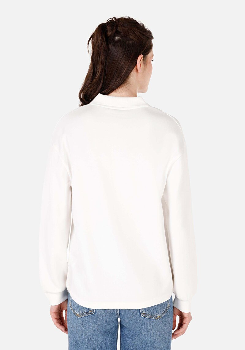 Regular Fit Polo Yaka  Kadın Beyaz Uzun Kol Tişört