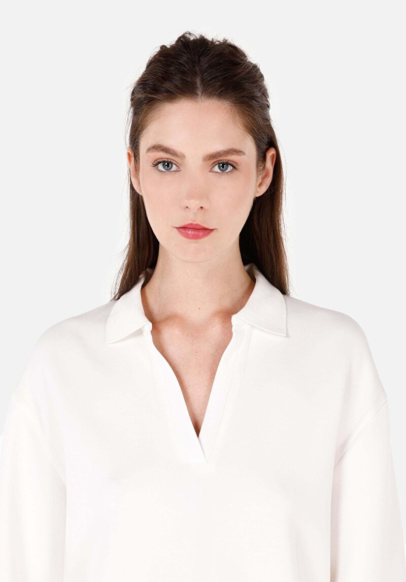 Regular Fit Polo Yaka  Kadın Beyaz Uzun Kol Tişört