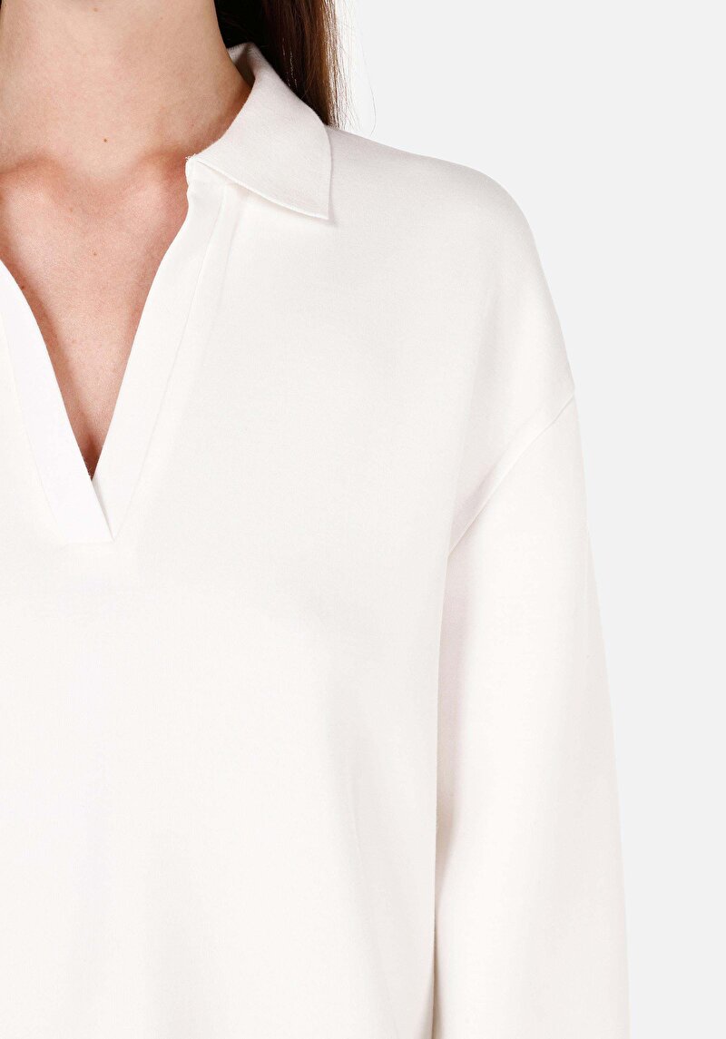 Regular Fit Polo Yaka  Kadın Beyaz Uzun Kol Tişört