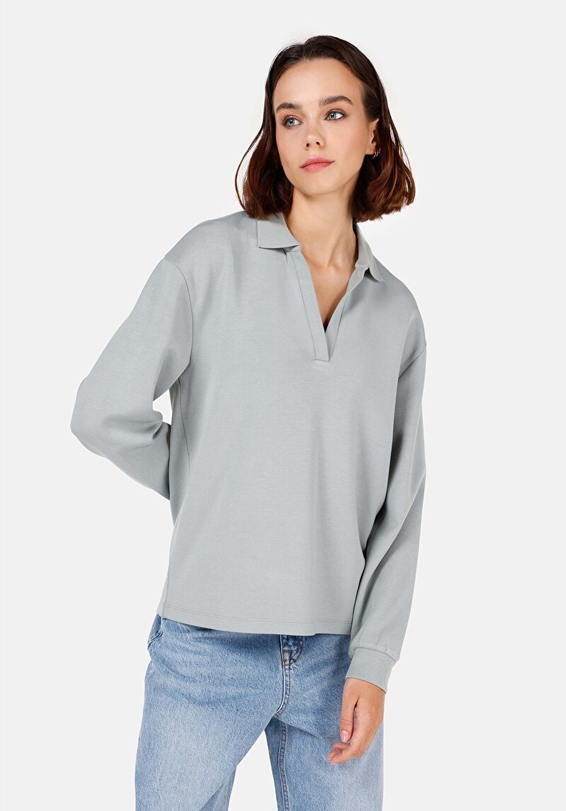 Regular Fit Polo Yaka  Kadın Yeşil Uzun Kol Tişört