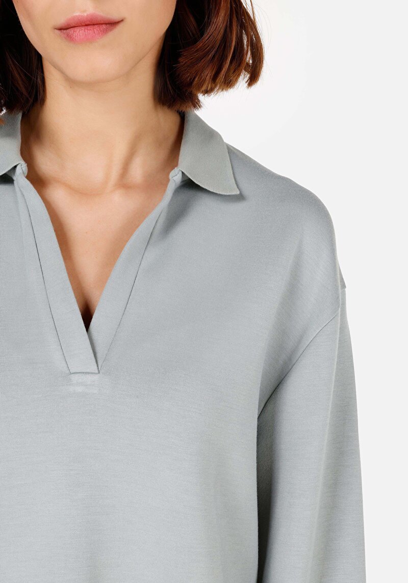 Regular Fit Polo Yaka  Kadın Yeşil Uzun Kol Tişört