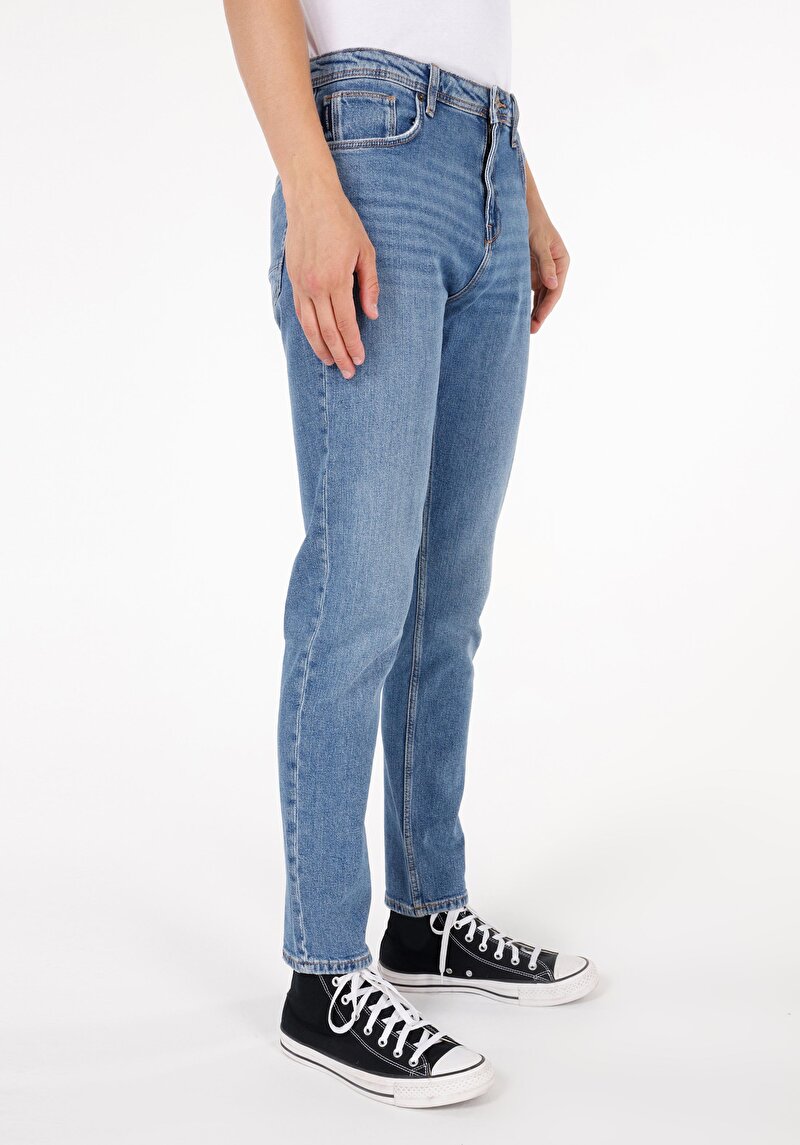 Regular Fit Orta Bel Daralan Paça Erkek İndigo Jean Pantolon