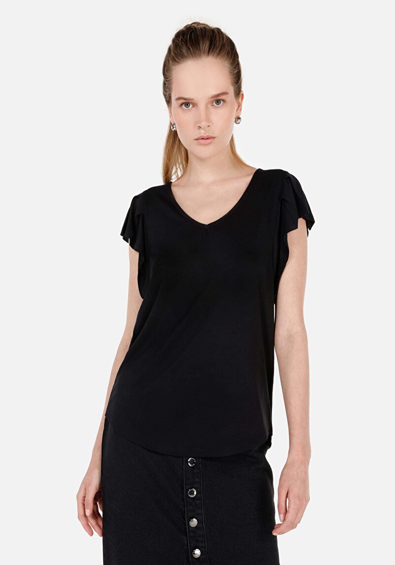 Regular Fit Yuvarlak Yaka Düz Kadın Siyah Kısa Kol Örme Tişört