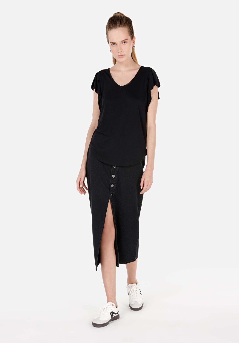 Regular Fit Yuvarlak Yaka Düz Kadın Siyah Kısa Kol Örme Tişört