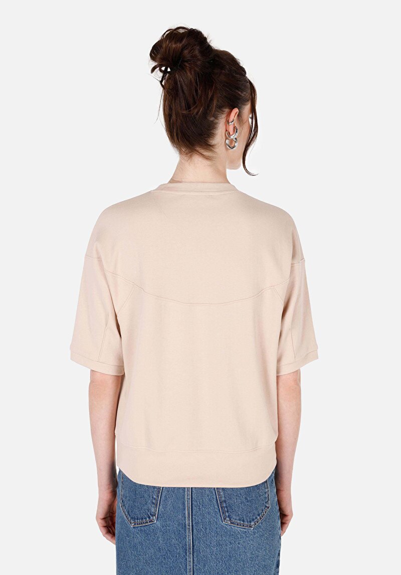 Regular Fit Yuvarlak Yaka Düz Kadın Bej Kısa Kol Tişört