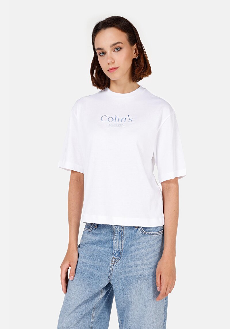 Regular Fit Yuvarlak Yaka Baskılı Kadın Beyaz Kısa Kol Tişört