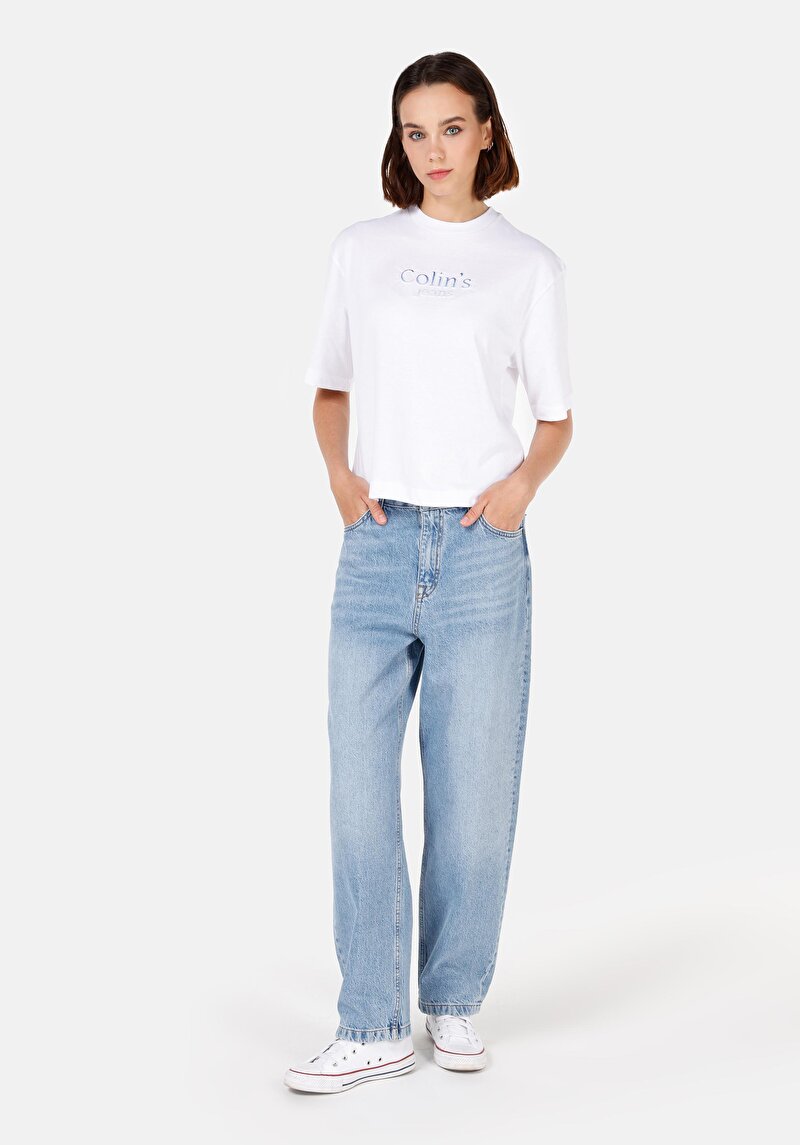 Regular Fit Yuvarlak Yaka Baskılı Kadın Beyaz Kısa Kol Tişört