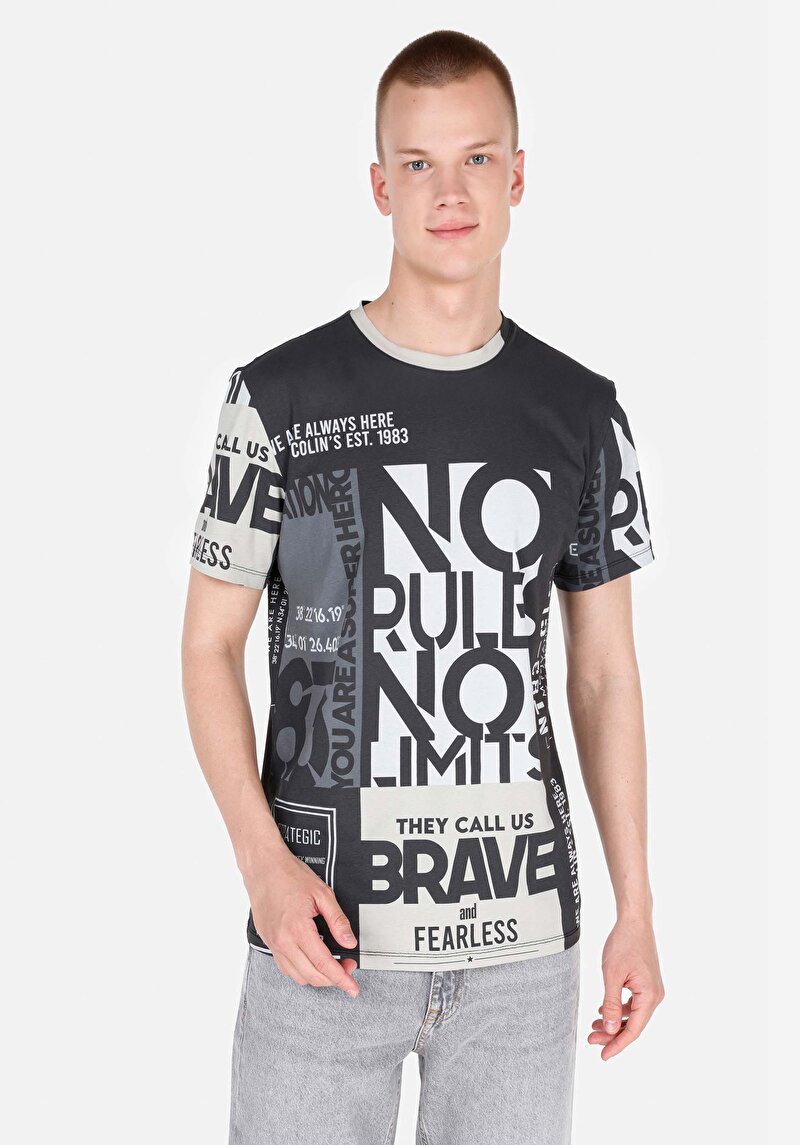 Regular Fit Yuvarlak Yaka Baskılı Erkek Gri Kısa Kol Tişört