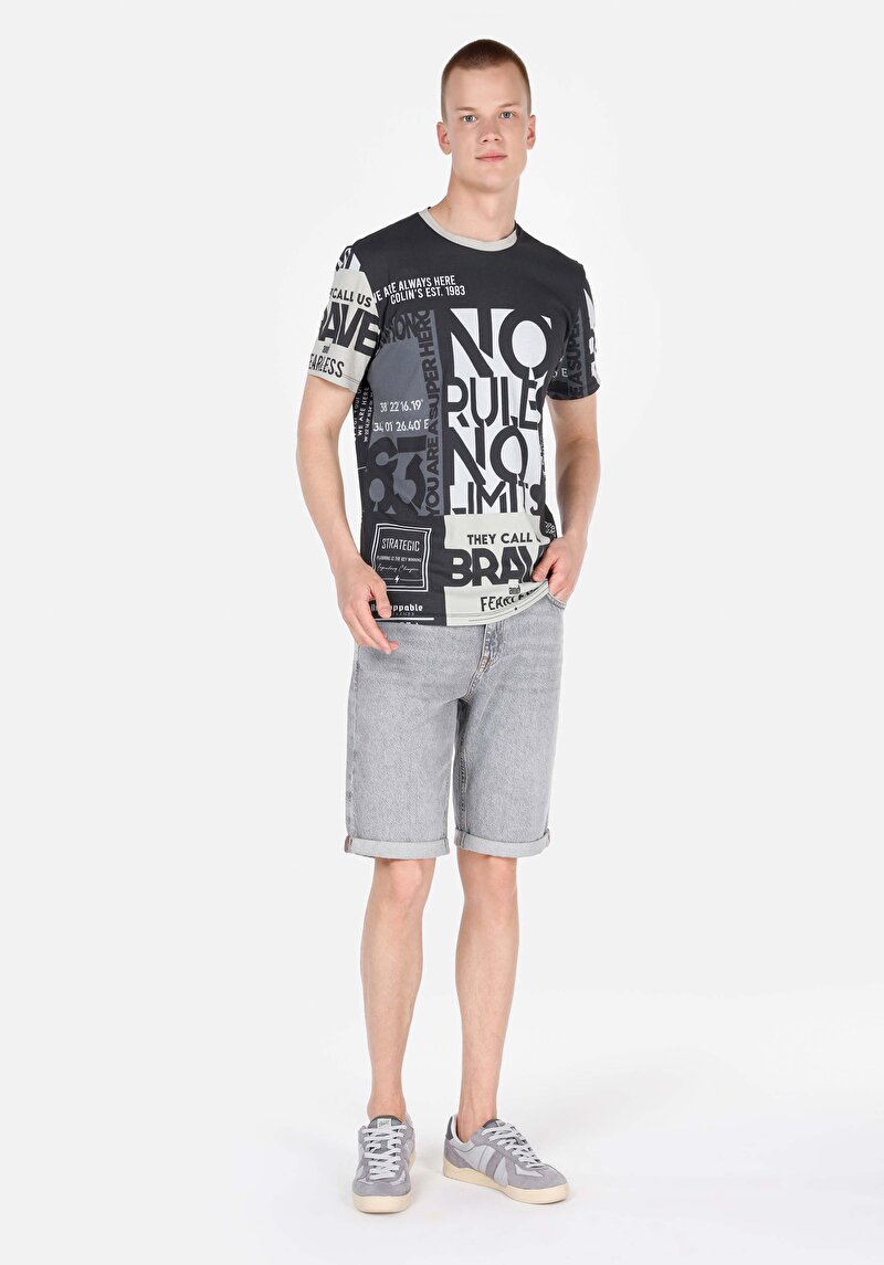 Regular Fit Yuvarlak Yaka Baskılı Erkek Gri Kısa Kol Tişört