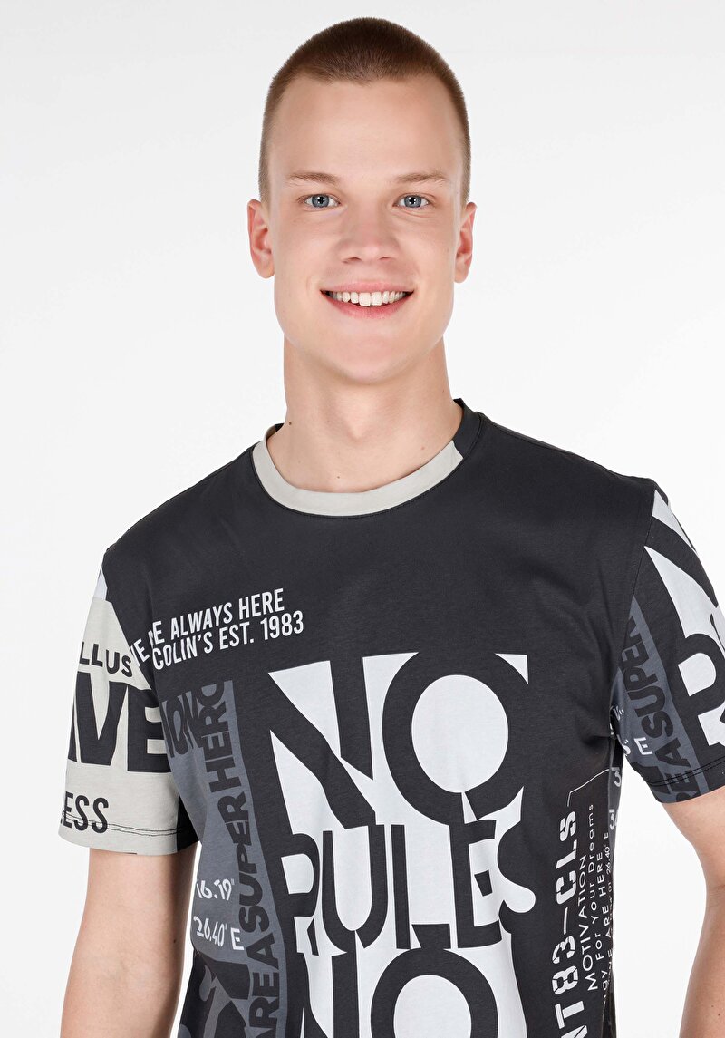 Regular Fit Yuvarlak Yaka Baskılı Erkek Gri Kısa Kol Tişört