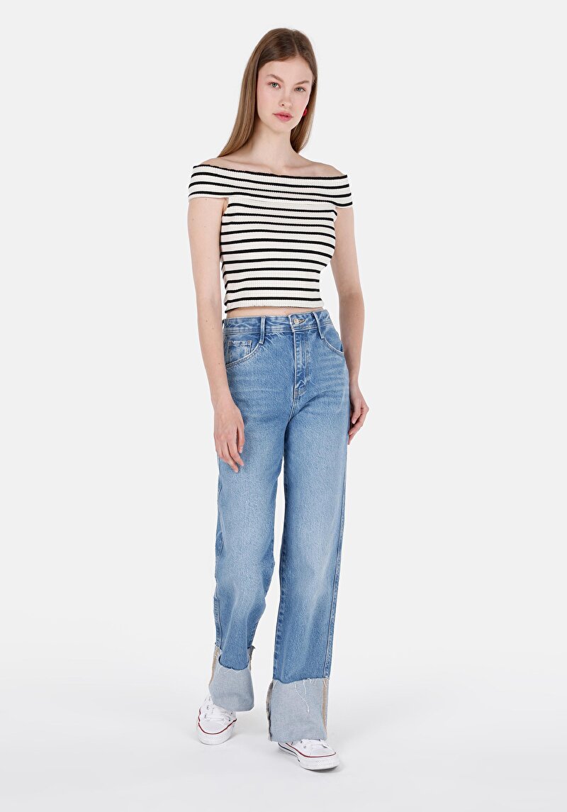 Straight Fit Yüksek Bel Düz Paça Kadın Denim Jean Fermuarlı Pantolon