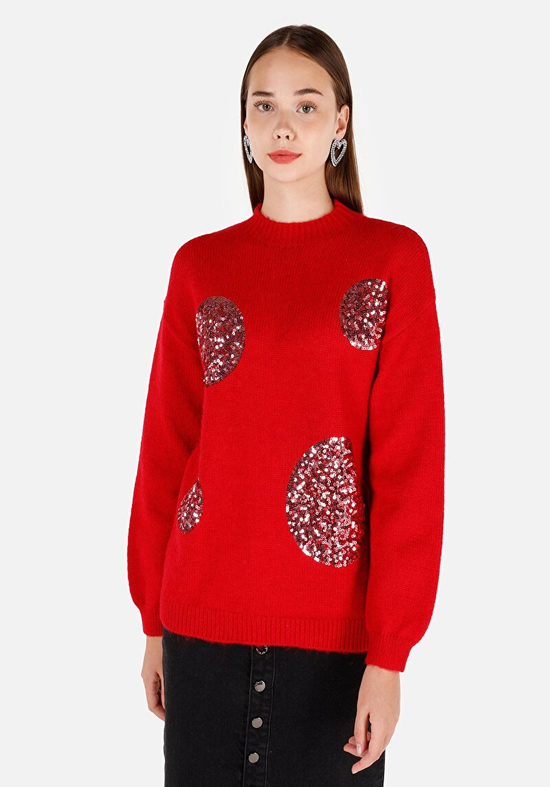 Regular Fit Yuvarlak Yaka Nakışlı Kadın Kirmizi Kazak