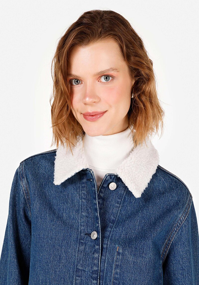 Regular Fit Pamuklu Kadın Mavi Ceket