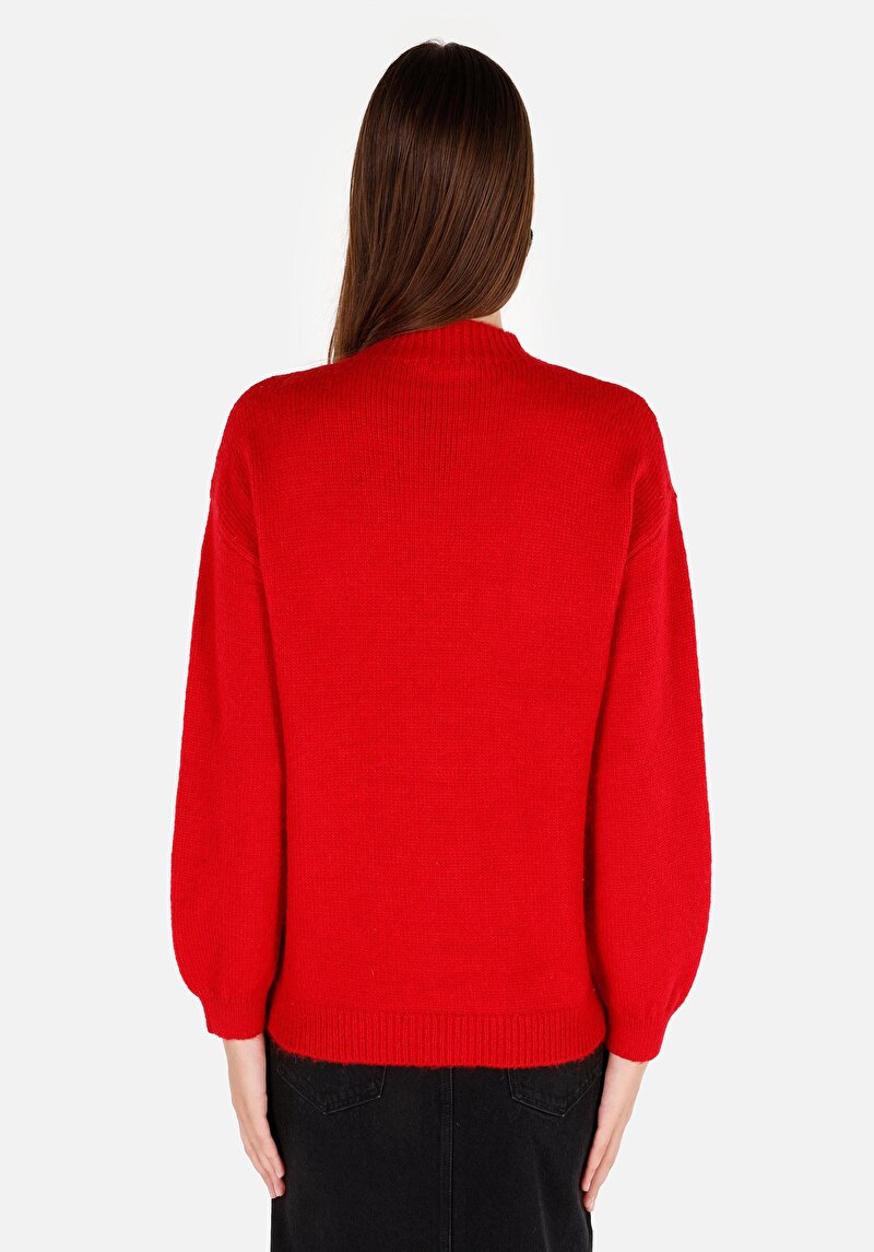 Regular Fit Yuvarlak Yaka Nakışlı Kadın Kirmizi Kazak