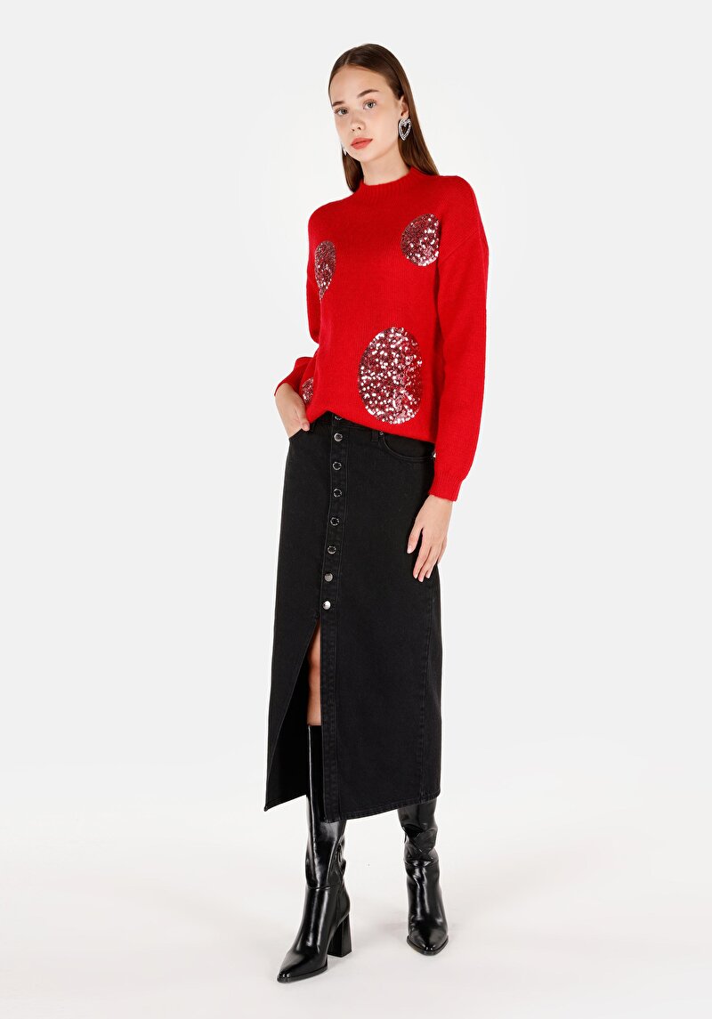 Regular Fit Yuvarlak Yaka Nakışlı Kadın Kirmizi Kazak