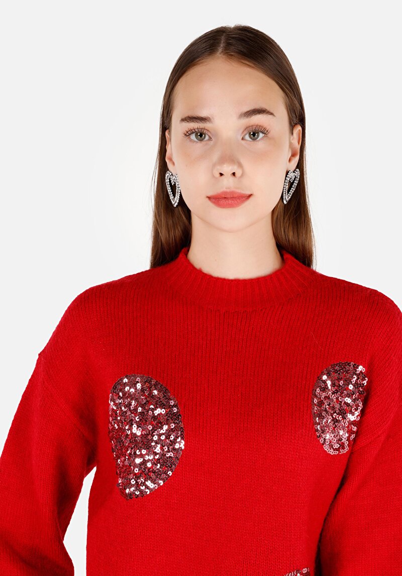 Regular Fit Yuvarlak Yaka Nakışlı Kadın Kirmizi Kazak
