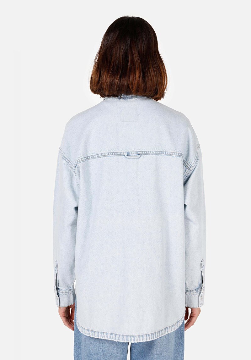 Oversize Fit Klasik Yaka  Kadın Mavi Uzun Kol Gömlek
