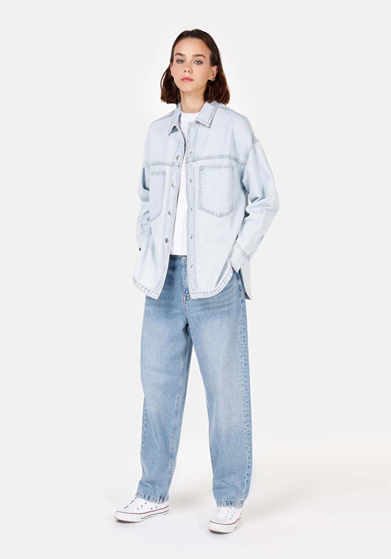 Oversize Fit Klasik Yaka  Kadın Mavi Uzun Kol Gömlek