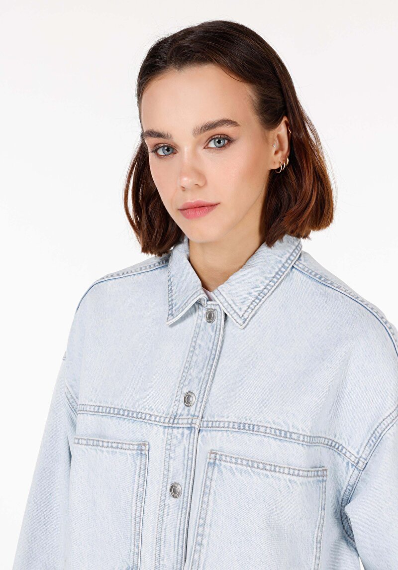 Oversize Fit Klasik Yaka  Kadın Mavi Uzun Kol Gömlek