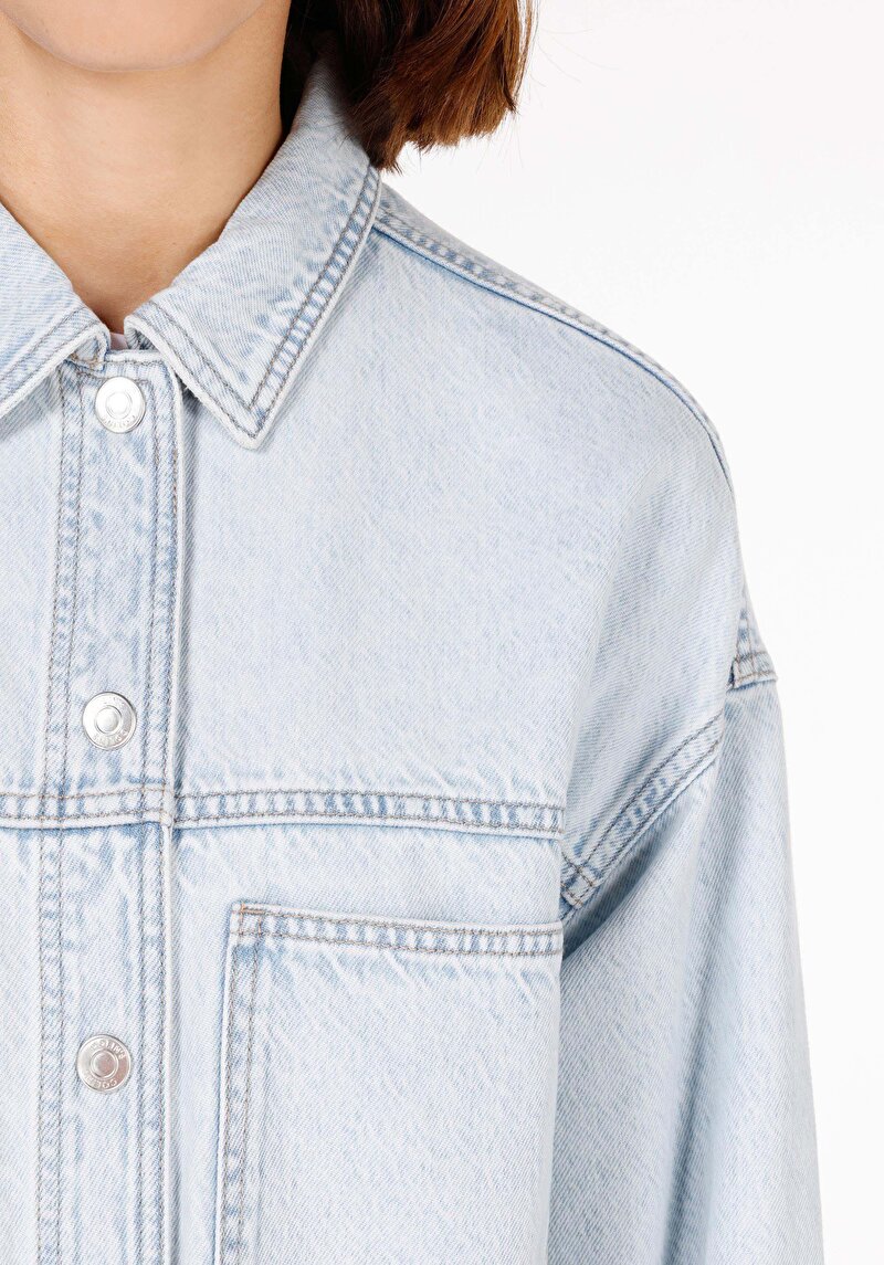 Oversize Fit Klasik Yaka  Kadın Mavi Uzun Kol Gömlek