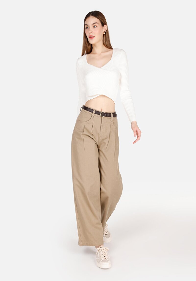 Regular Fit Yüksel Bel Geniş Paça Kadın Bej Pamuk Pantolon