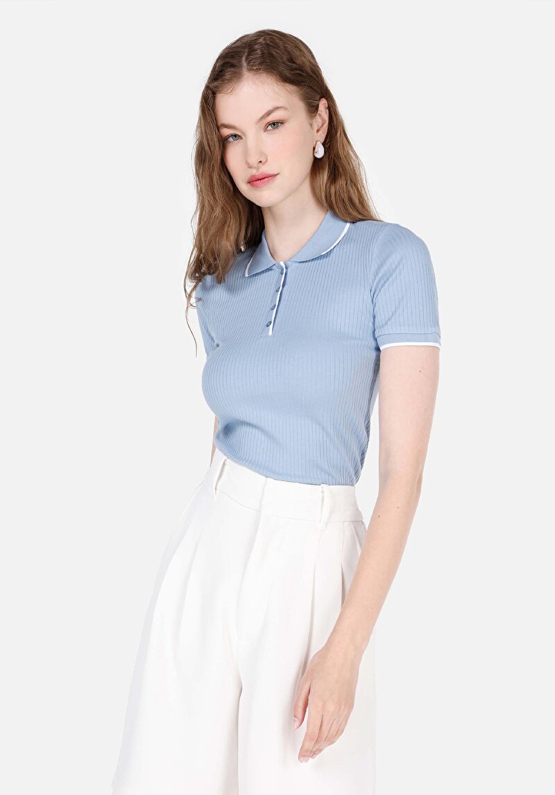 Slim Fit Polo Yaka Düz Kadın Mavi Kısa Kol Tişört