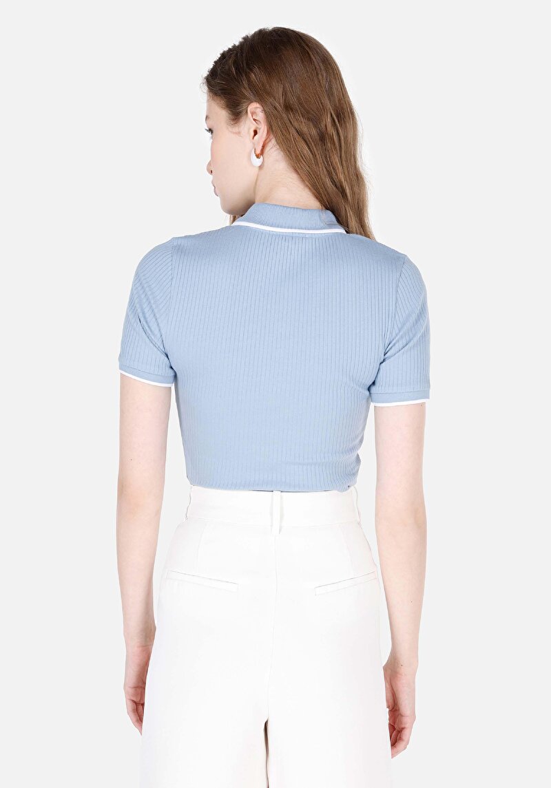 Slim Fit Polo Yaka Düz Kadın Mavi Kısa Kol Tişört
